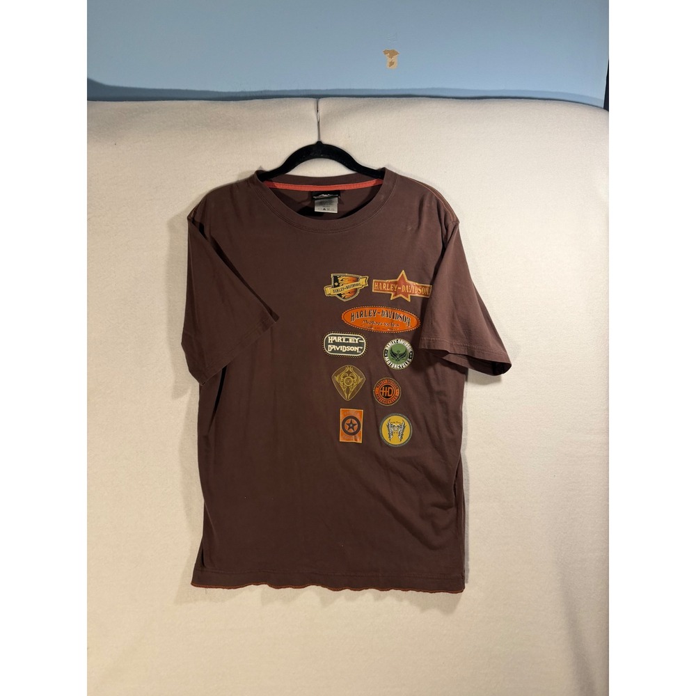 Harley-Davidson Mens Brown Multi Patch Graphic T-Shirt Orange Trim Size M